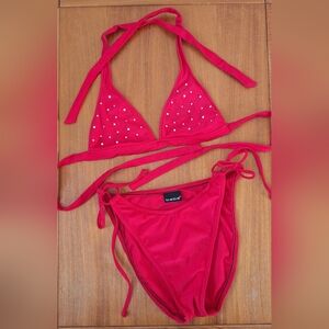 bebe Red String Bikini Set Rhinestone Logo Scarlet Cherry Y2K Embellished XS/S